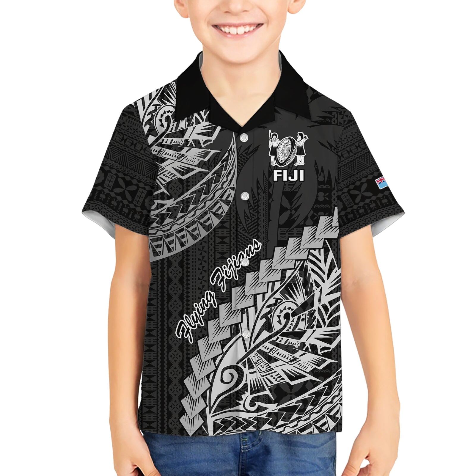Fiji Rugby Kid Hawaiian Shirt Kaiviti Fijian Tribal World Cup Black - Wonder Print Shop