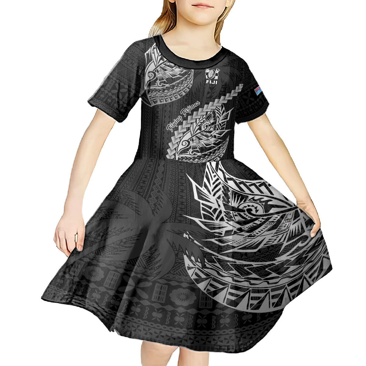 Fiji Rugby Kid Short Sleeve Dress Kaiviti Fijian Tribal World Cup Black - Wonder Print Shop