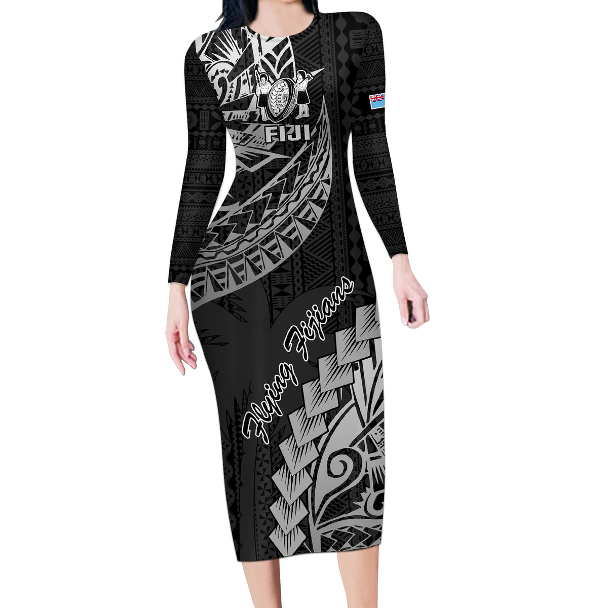 Fiji Rugby Long Sleeve Bodycon Dress Kaiviti Fijian Tribal World Cup Black - Wonder Print Shop