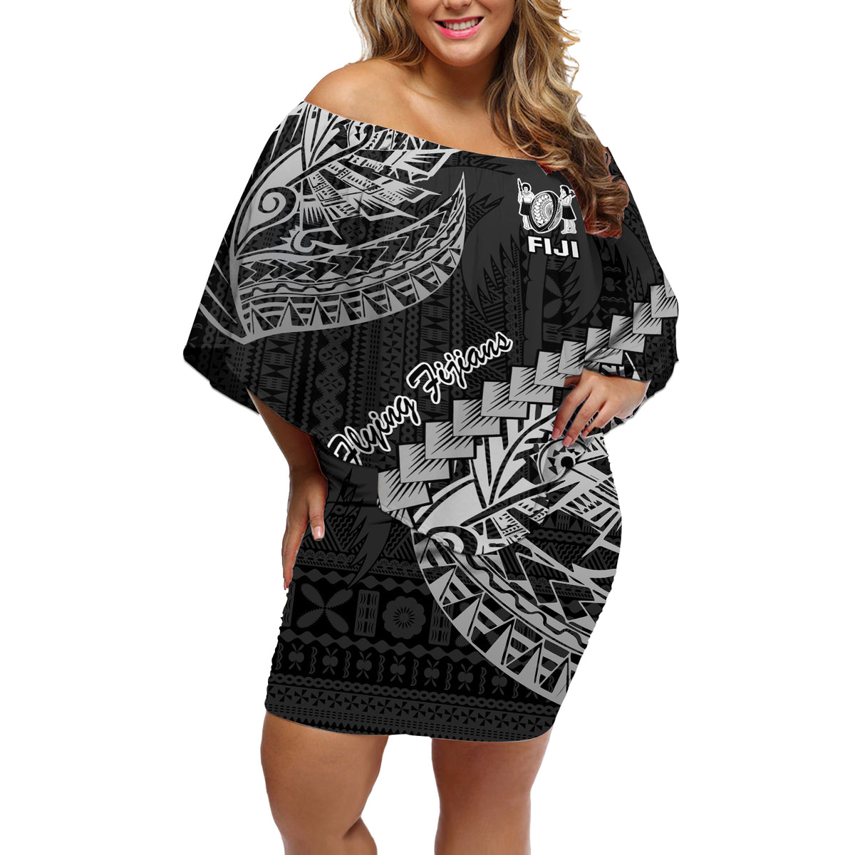 Fiji Rugby Off Shoulder Short Dress Kaiviti Fijian Tribal World Cup Black - Wonder Print Shop