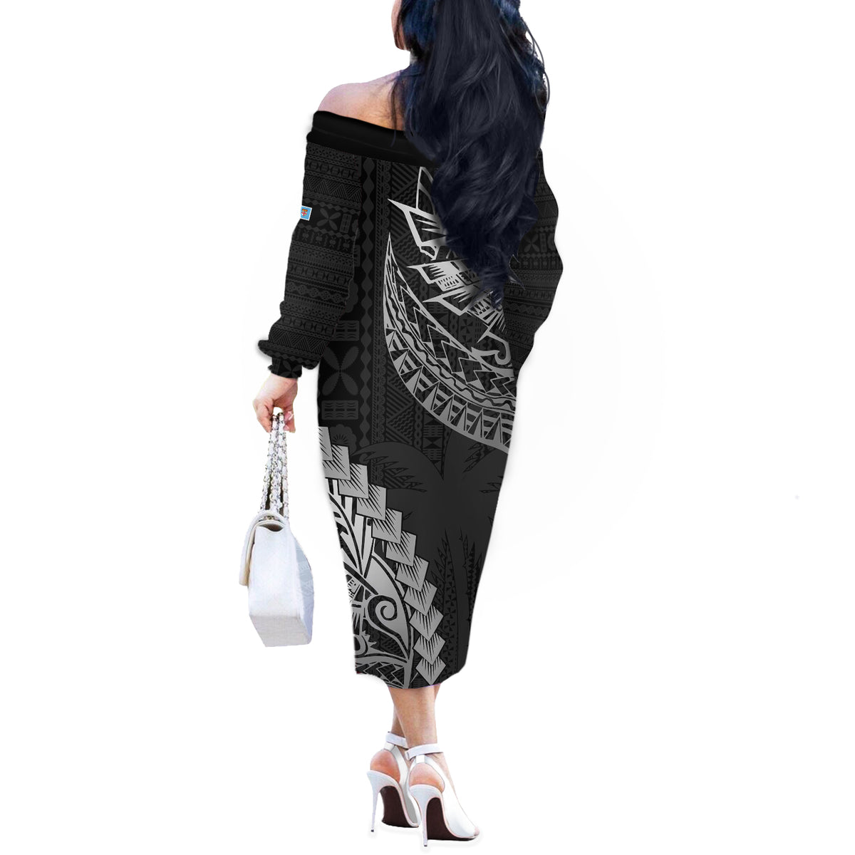 Fiji Rugby Off The Shoulder Long Sleeve Dress Kaiviti Fijian Tribal World Cup Black - Wonder Print Shop