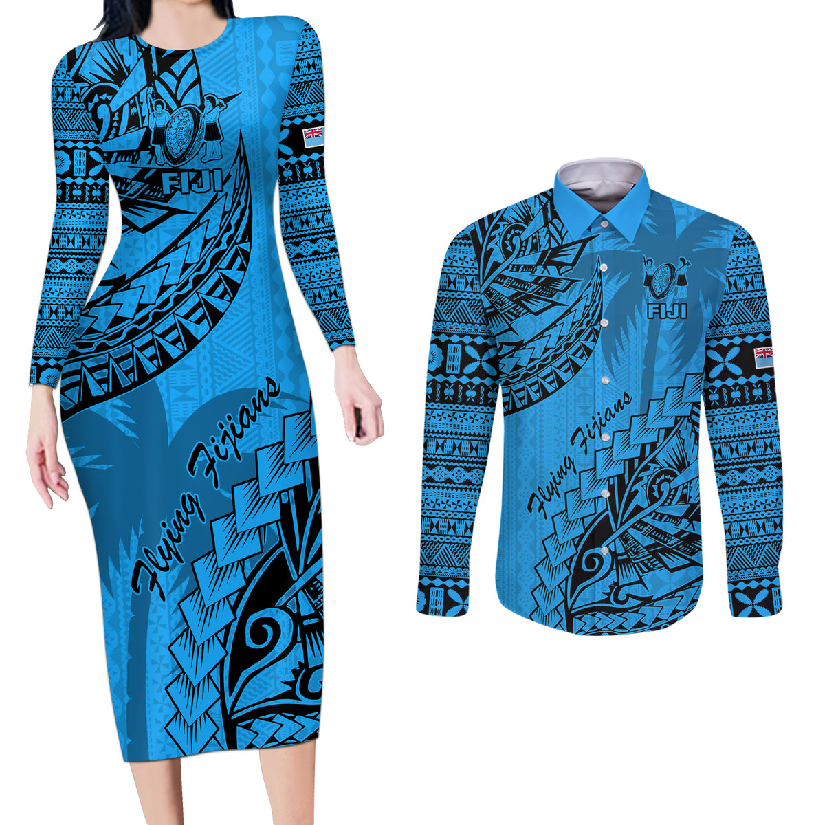 Fiji Rugby Couples Matching Long Sleeve Bodycon Dress and Long Sleeve Button Shirt Kaiviti Fijian Tribal World Cup Blue No1 LT9 - Wonder Print Shop