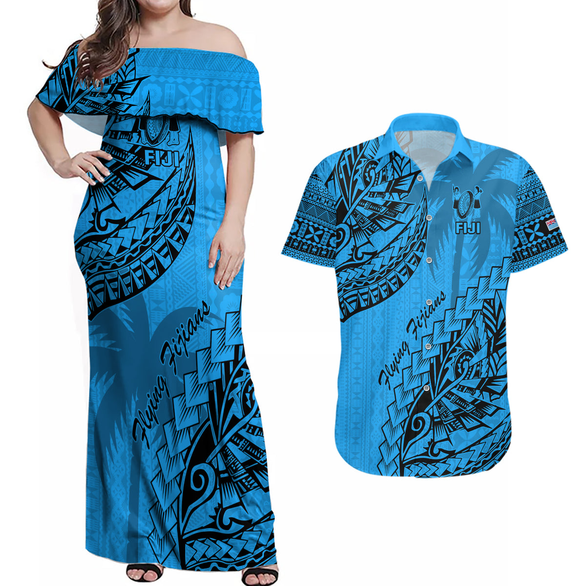 Fiji Rugby Couples Matching Off Shoulder Maxi Dress and Hawaiian Shirt Kaiviti Fijian Tribal World Cup Blue No1 LT9 - Wonder Print Shop