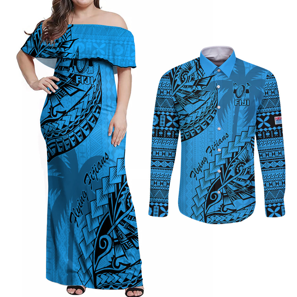 Fiji Rugby Couples Matching Off Shoulder Maxi Dress and Long Sleeve Button Shirt Kaiviti Fijian Tribal World Cup Blue No1 LT9 - Wonder Print Shop