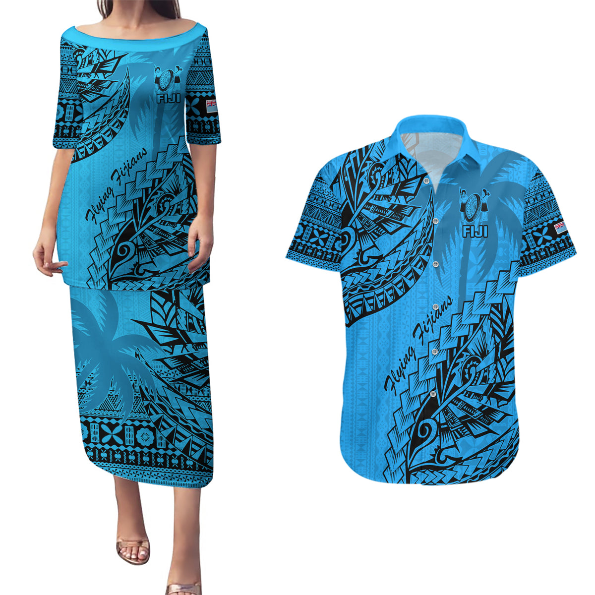 Fiji Rugby Couples Matching Puletasi Dress and Hawaiian Shirt Kaiviti Fijian Tribal World Cup Blue No1 LT9 - Wonder Print Shop