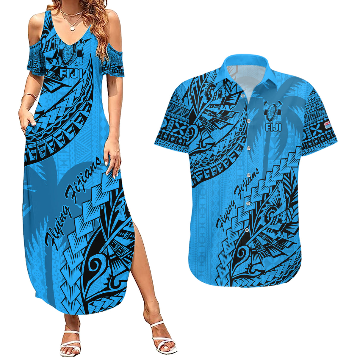 Fiji Rugby Couples Matching Summer Maxi Dress and Hawaiian Shirt Kaiviti Fijian Tribal World Cup Blue No1 LT9 - Wonder Print Shop