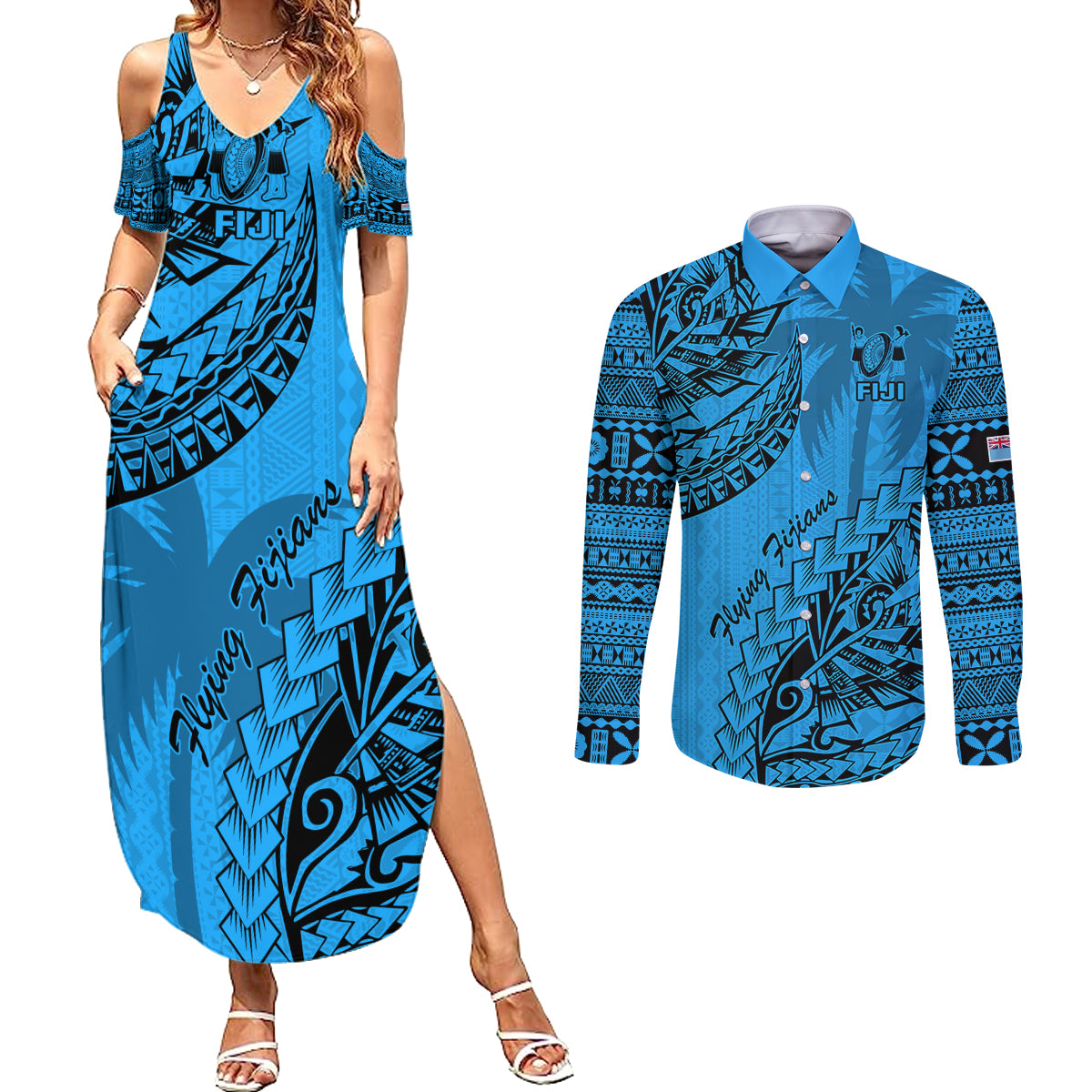 Fiji Rugby Couples Matching Summer Maxi Dress and Long Sleeve Button Shirt Kaiviti Fijian Tribal World Cup Blue No1 LT9 - Wonder Print Shop