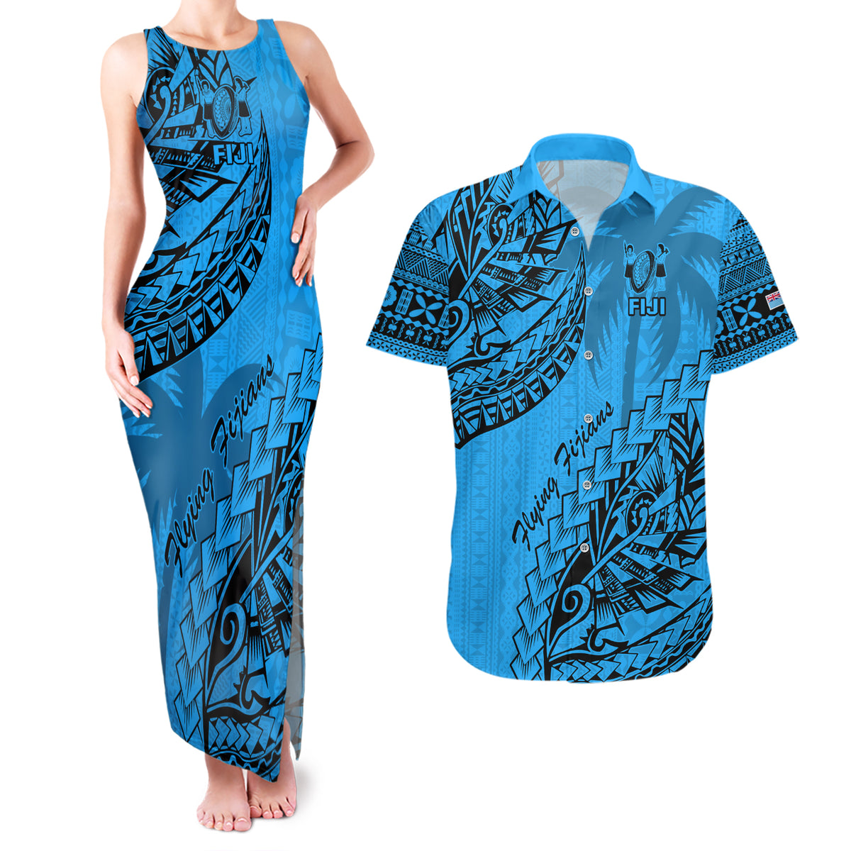 Fiji Rugby Couples Matching Tank Maxi Dress and Hawaiian Shirt Kaiviti Fijian Tribal World Cup Blue No1 LT9 - Wonder Print Shop