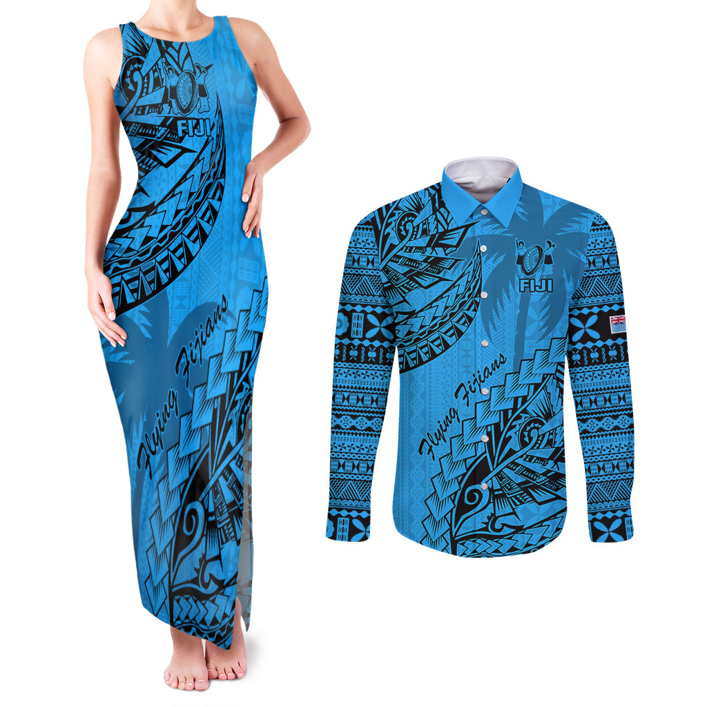 Fiji Rugby Couples Matching Tank Maxi Dress and Long Sleeve Button Shirt Kaiviti Fijian Tribal World Cup Blue No1 LT9 - Wonder Print Shop