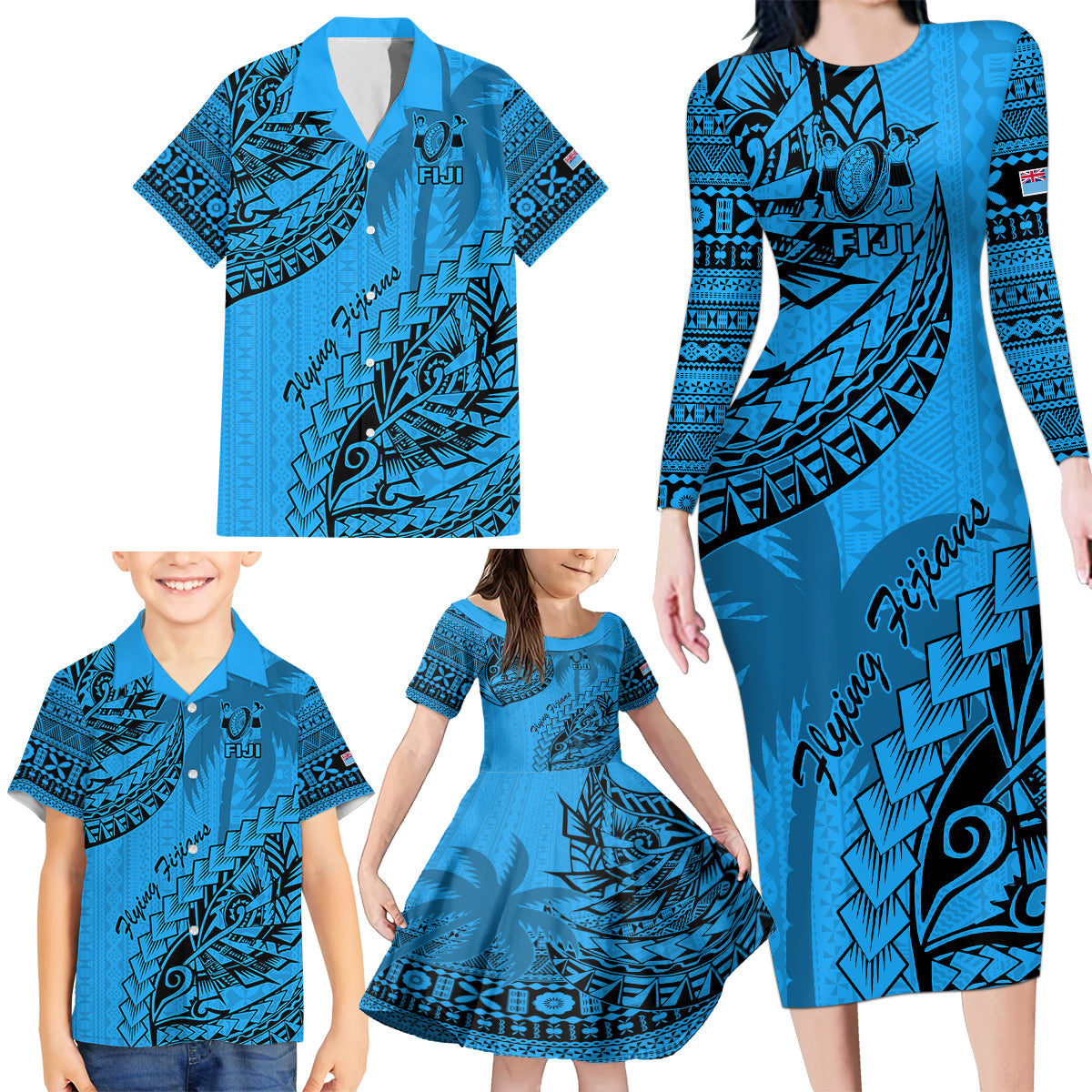 Fiji Rugby Family Matching Long Sleeve Bodycon Dress and Hawaiian Shirt Kaiviti Fijian Tribal World Cup Blue No1 LT9 - Wonder Print Shop