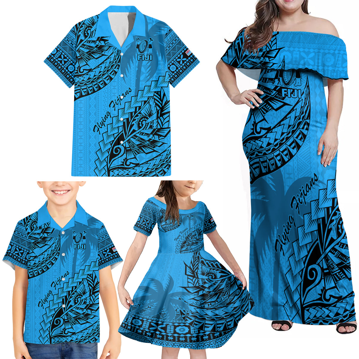 Fiji Rugby Family Matching Off Shoulder Maxi Dress and Hawaiian Shirt Kaiviti Fijian Tribal World Cup Blue No1 LT9 - Wonder Print Shop