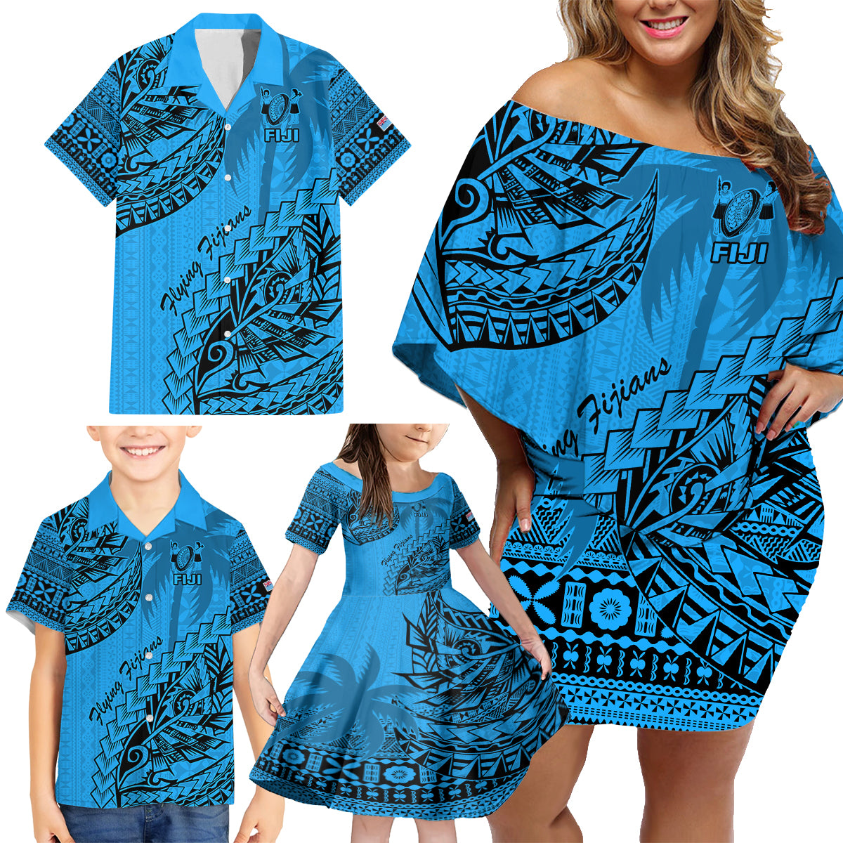 Fiji Rugby Family Matching Off Shoulder Short Dress and Hawaiian Shirt Kaiviti Fijian Tribal World Cup Blue No1 LT9 - Wonder Print Shop