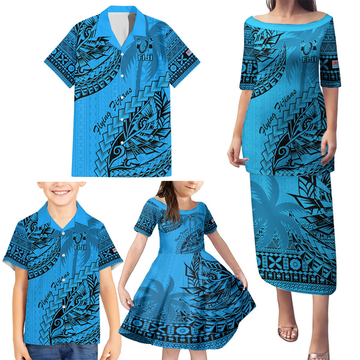 Fiji Rugby Family Matching Puletasi Dress and Hawaiian Shirt Kaiviti Fijian Tribal World Cup Blue No1 - Wonder Print Shop