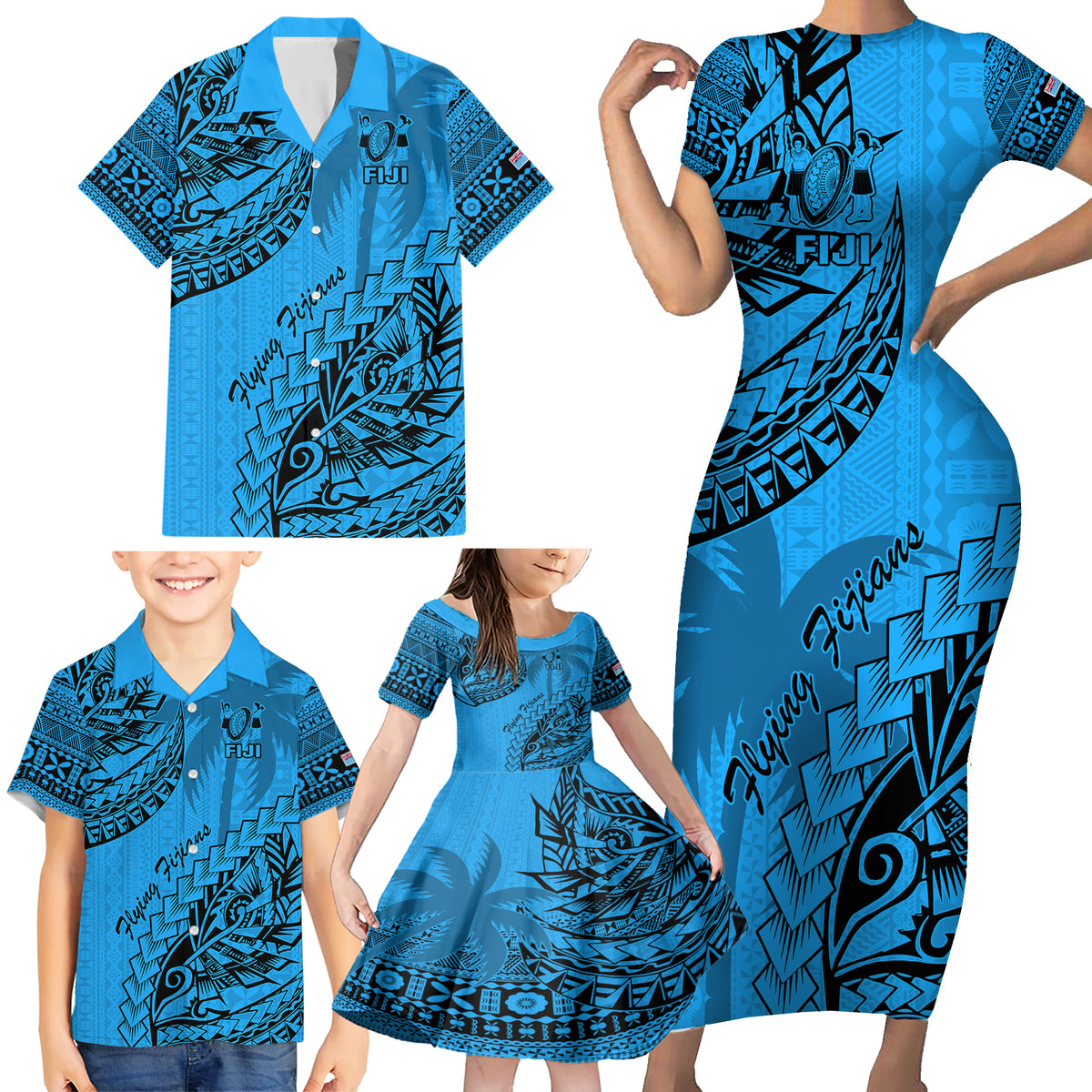 Fiji Rugby Family Matching Short Sleeve Bodycon Dress and Hawaiian Shirt Kaiviti Fijian Tribal World Cup Blue No1 - Wonder Print Shop