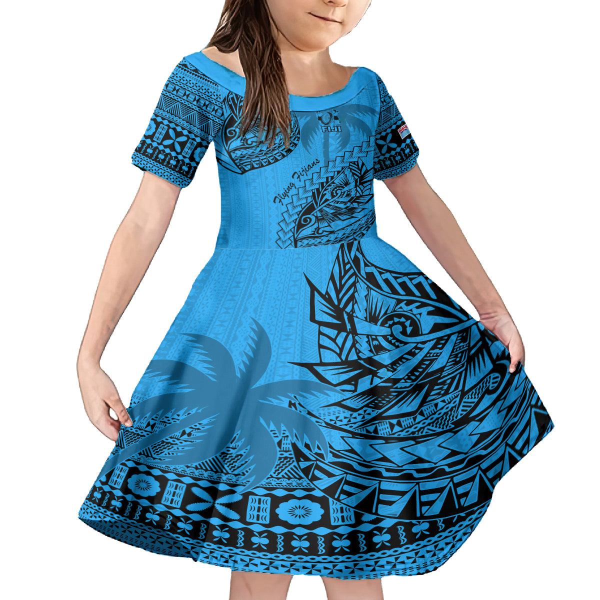 Fiji Rugby Kid Short Sleeve Dress Kaiviti Fijian Tribal World Cup Blue No1 - Wonder Print Shop