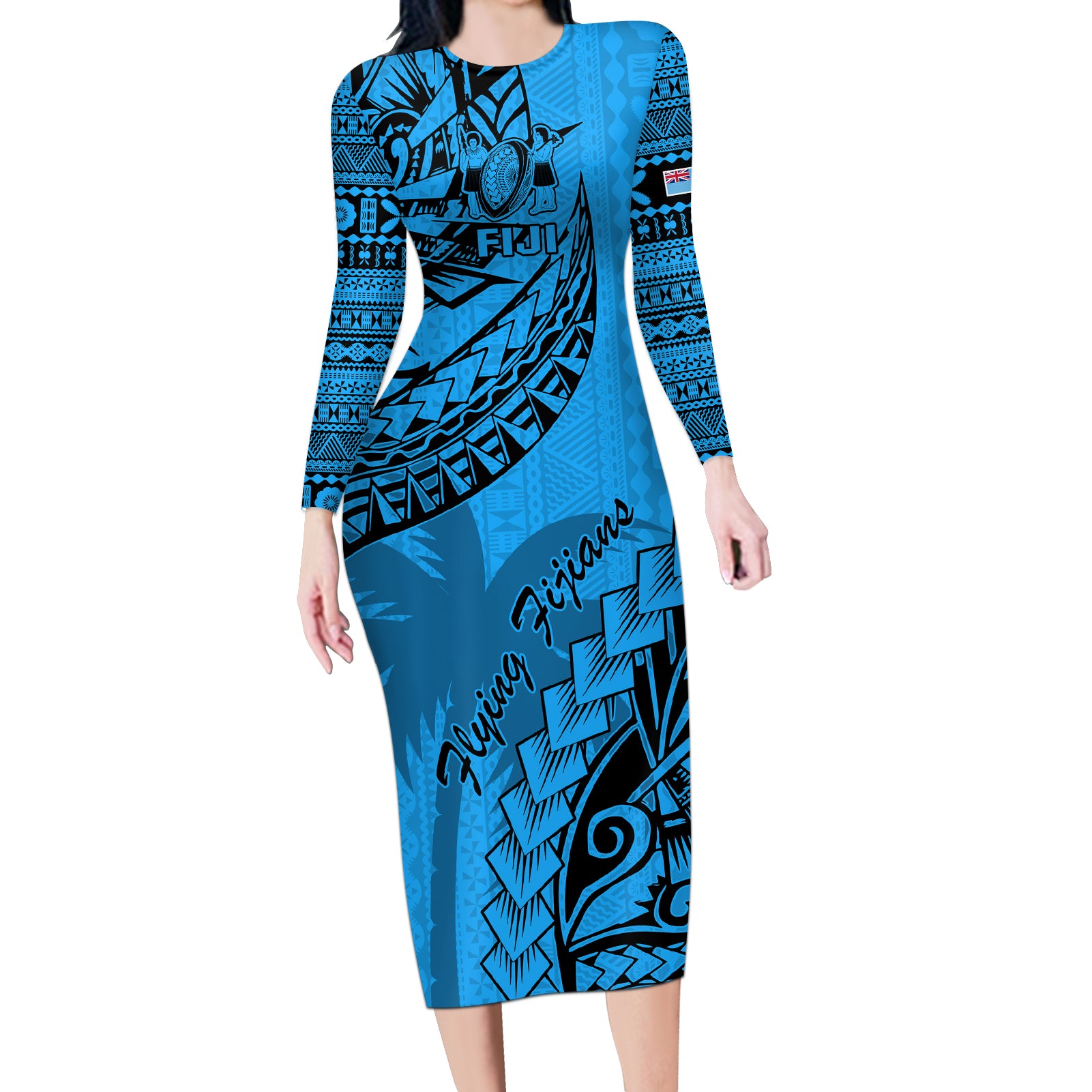 Fiji Rugby Long Sleeve Bodycon Dress Kaiviti Fijian Tribal World Cup Blue No1 - Wonder Print Shop
