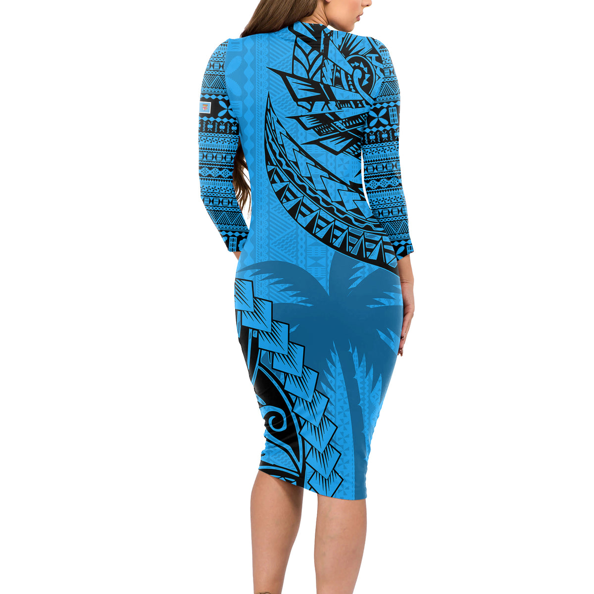 Fiji Rugby Long Sleeve Bodycon Dress Kaiviti Fijian Tribal World Cup Blue No1 - Wonder Print Shop