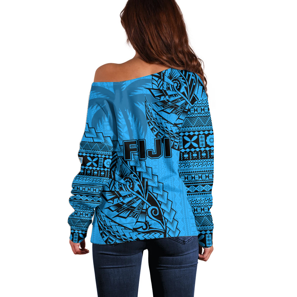 Fiji Rugby Off Shoulder Sweater Kaiviti Fijian Tribal World Cup Blue No1 - Wonder Print Shop