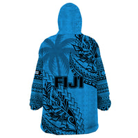 Fiji Rugby Wearable Blanket Hoodie Kaiviti Fijian Tribal World Cup Blue No1 - Wonder Print Shop
