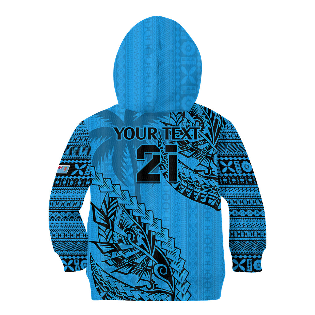 Custom Fiji Rugby Kid Hoodie Kaiviti Fijian Tribal World Cup Blue No1 - Wonder Print Shop