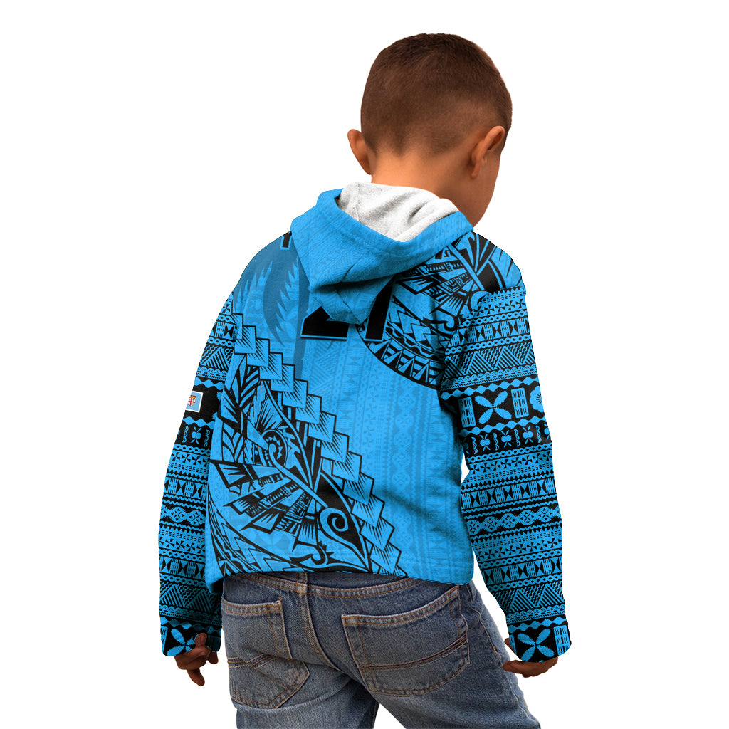 Custom Fiji Rugby Kid Hoodie Kaiviti Fijian Tribal World Cup Blue No1 - Wonder Print Shop