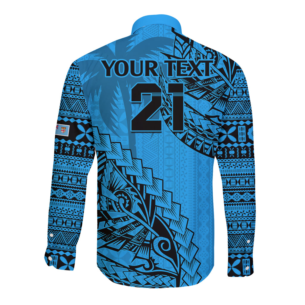 Custom Fiji Rugby Long Sleeve Button Shirt Kaiviti Fijian Tribal World Cup Blue No1 - Wonder Print Shop