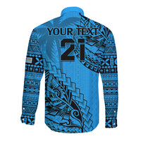 Custom Fiji Rugby Long Sleeve Button Shirt Kaiviti Fijian Tribal World Cup Blue No1 - Wonder Print Shop