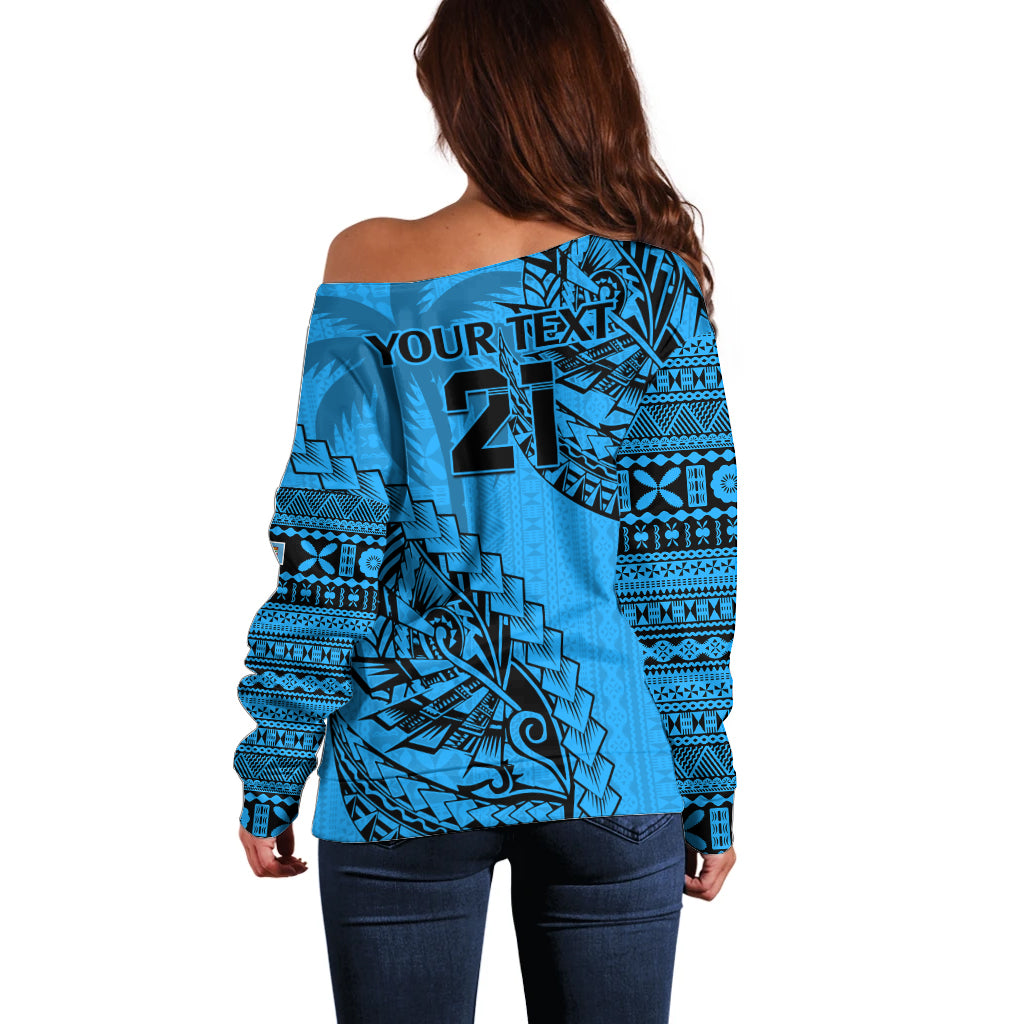 Custom Fiji Rugby Off Shoulder Sweater Kaiviti Fijian Tribal World Cup Blue No1 - Wonder Print Shop