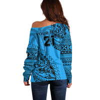 Custom Fiji Rugby Off Shoulder Sweater Kaiviti Fijian Tribal World Cup Blue No1 - Wonder Print Shop
