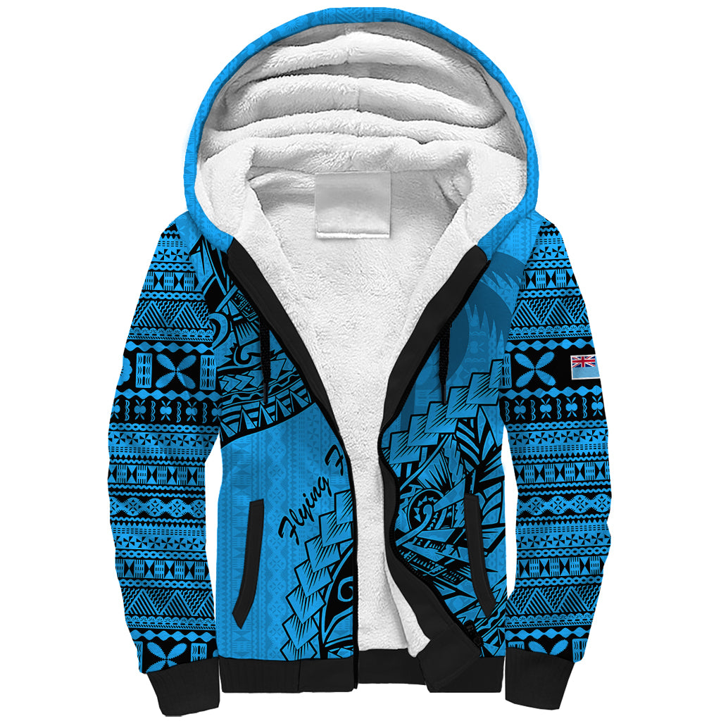 Custom Fiji Rugby Sherpa Hoodie Kaiviti Fijian Tribal World Cup Blue No1 - Wonder Print Shop