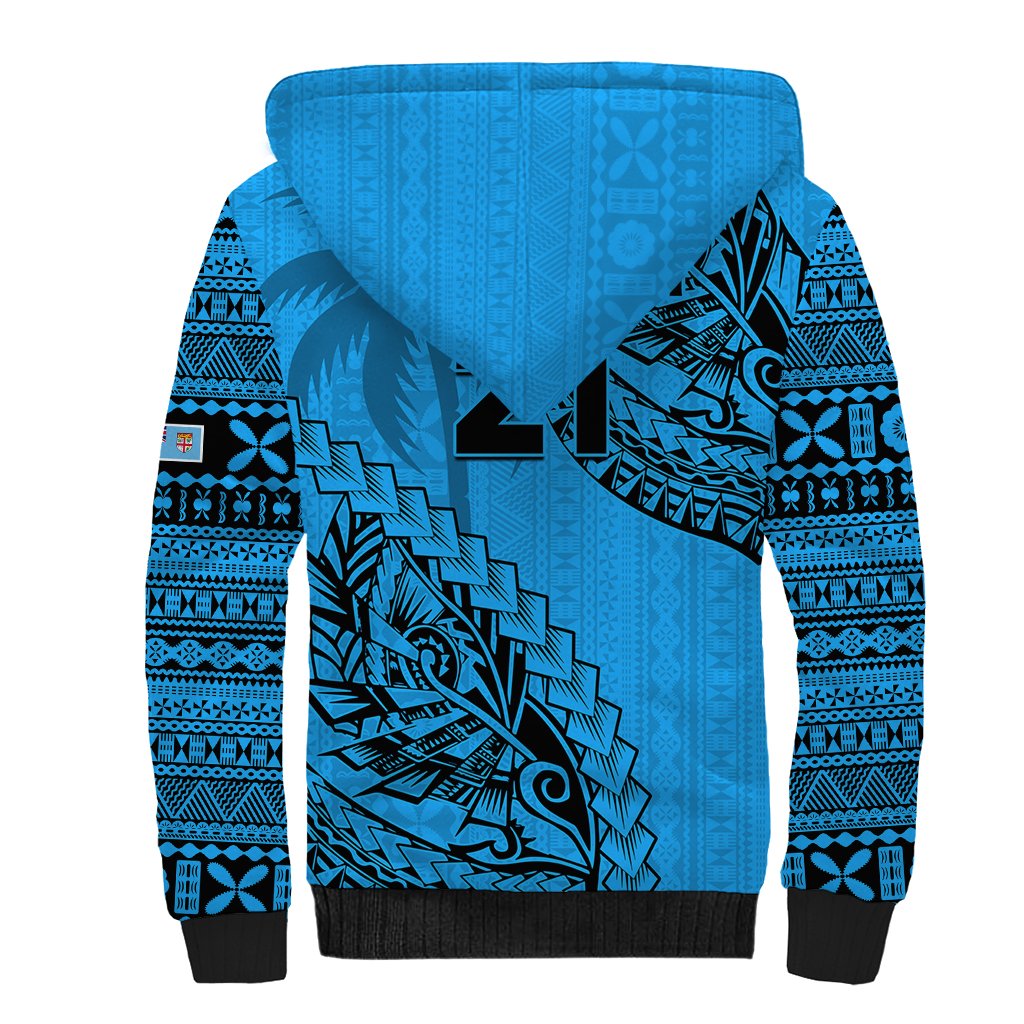 Custom Fiji Rugby Sherpa Hoodie Kaiviti Fijian Tribal World Cup Blue No1 - Wonder Print Shop