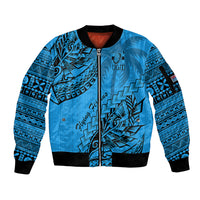 Custom Fiji Rugby Sleeve Zip Bomber Jacket Kaiviti Fijian Tribal World Cup Blue No1 - Wonder Print Shop