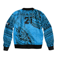 Custom Fiji Rugby Sleeve Zip Bomber Jacket Kaiviti Fijian Tribal World Cup Blue No1 - Wonder Print Shop