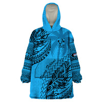 Custom Fiji Rugby Wearable Blanket Hoodie Kaiviti Fijian Tribal World Cup Blue No1 - Wonder Print Shop