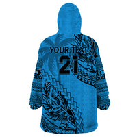 Custom Fiji Rugby Wearable Blanket Hoodie Kaiviti Fijian Tribal World Cup Blue No1 - Wonder Print Shop