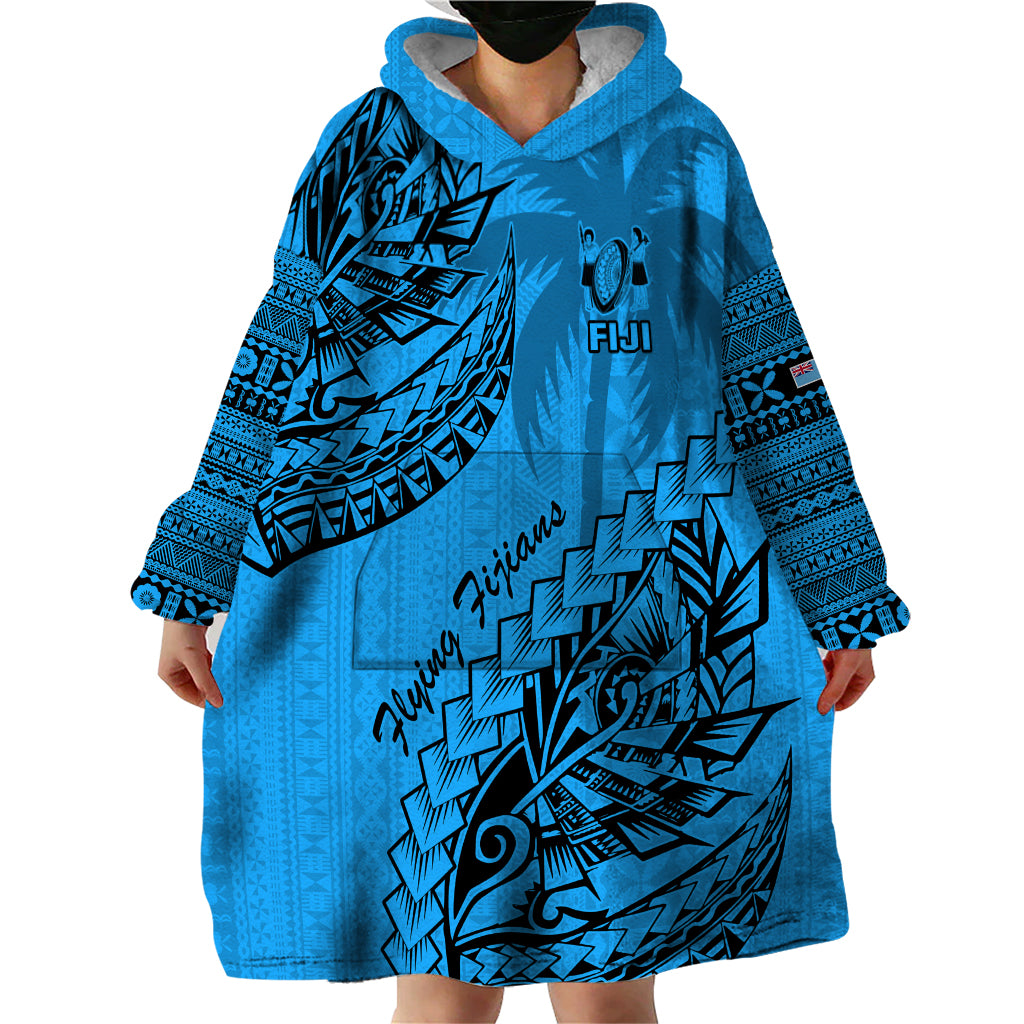 Custom Fiji Rugby Wearable Blanket Hoodie Kaiviti Fijian Tribal World Cup Blue No1 - Wonder Print Shop