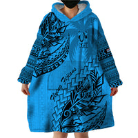 Custom Fiji Rugby Wearable Blanket Hoodie Kaiviti Fijian Tribal World Cup Blue No1 - Wonder Print Shop