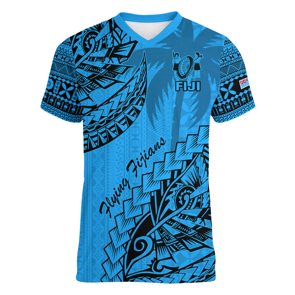 Custom Fiji Rugby Women V Neck T Shirt Kaiviti Fijian Tribal World Cup Blue No1 - Wonder Print Shop