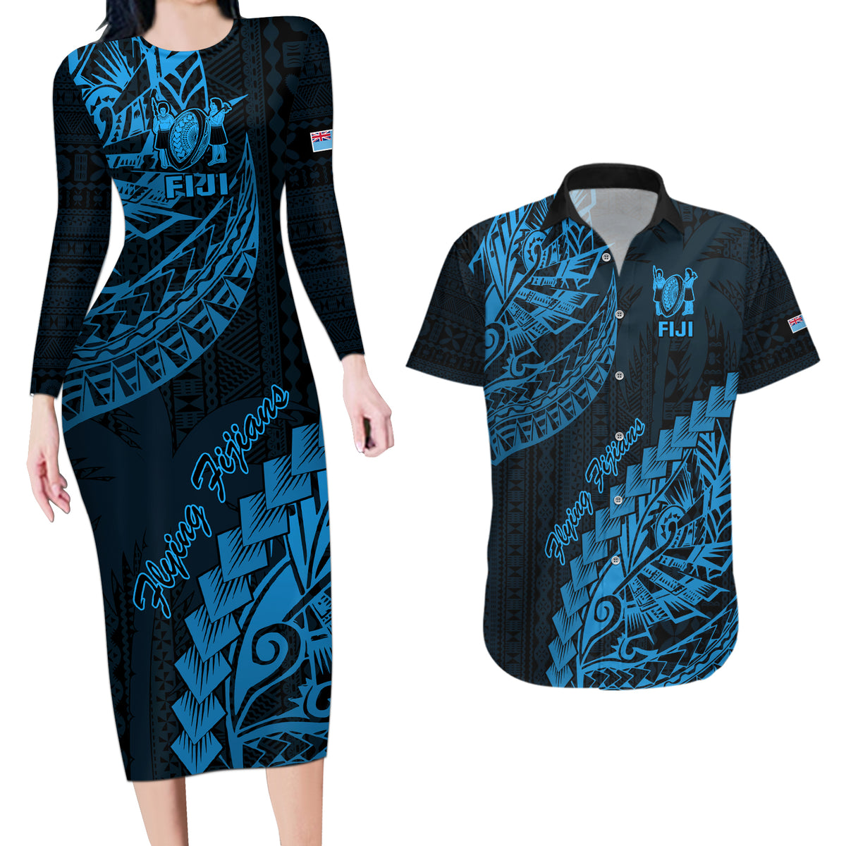 Fiji Rugby Couples Matching Long Sleeve Bodycon Dress and Hawaiian Shirt Kaiviti Fijian Tribal World Cup Blue No2 LT9 - Wonder Print Shop