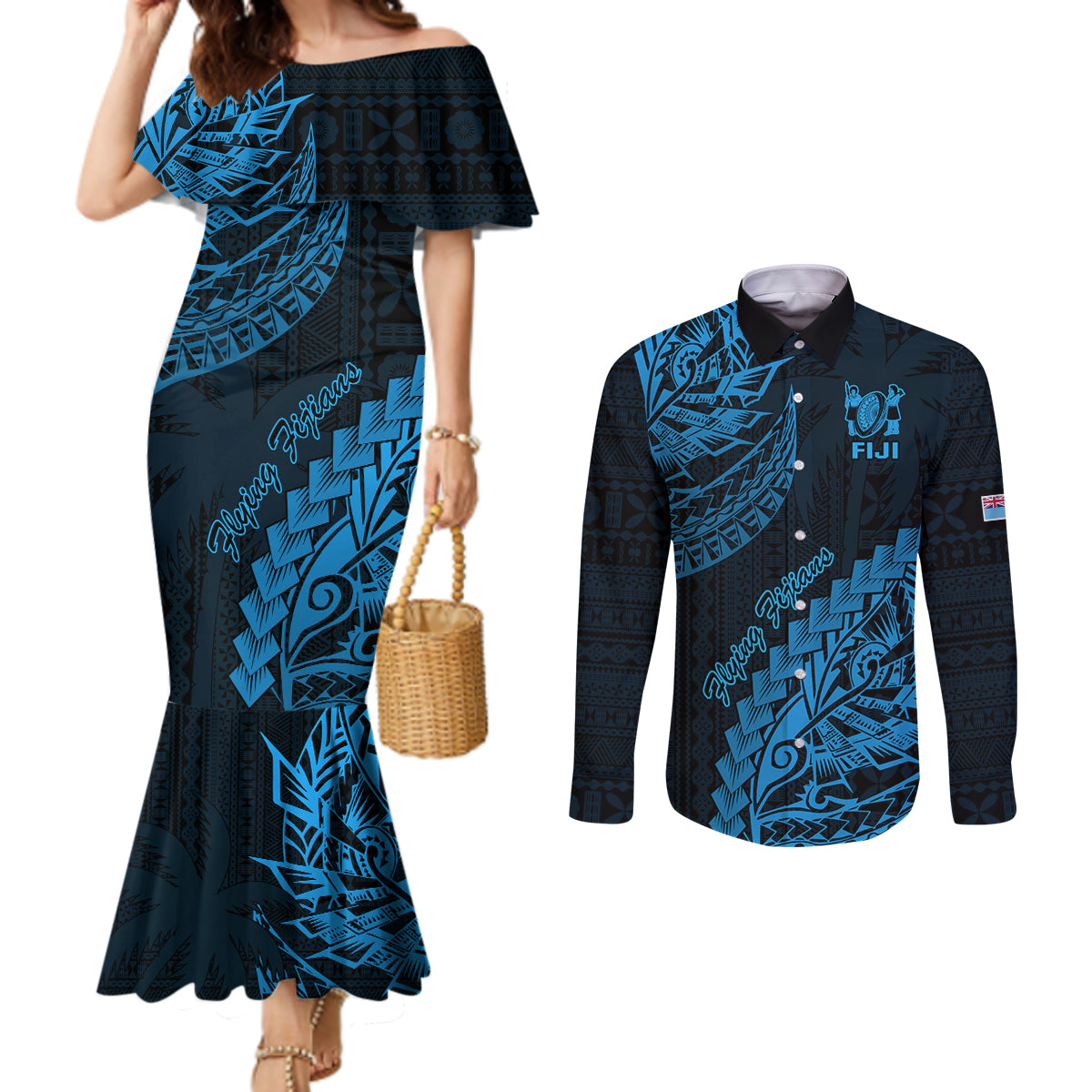 fiji-rugby-couples-matching-mermaid-dress-and-long-sleeve-button-shirt-kaiviti-fijian-tribal-world-cup-blue-no2