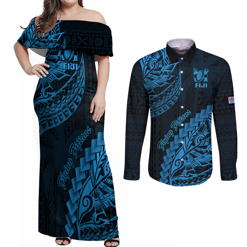 Fiji Rugby Couples Matching Off Shoulder Maxi Dress and Long Sleeve Button Shirt Kaiviti Fijian Tribal World Cup Blue No2 LT9 - Wonder Print Shop