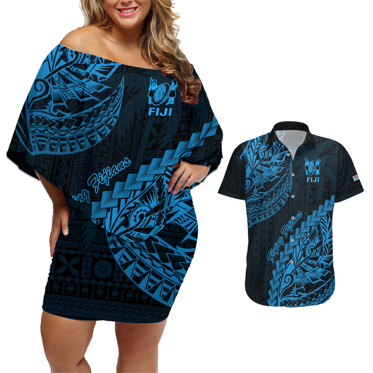 Fiji Rugby Couples Matching Off Shoulder Short Dress and Hawaiian Shirt Kaiviti Fijian Tribal World Cup Blue No2 LT9 - Wonder Print Shop