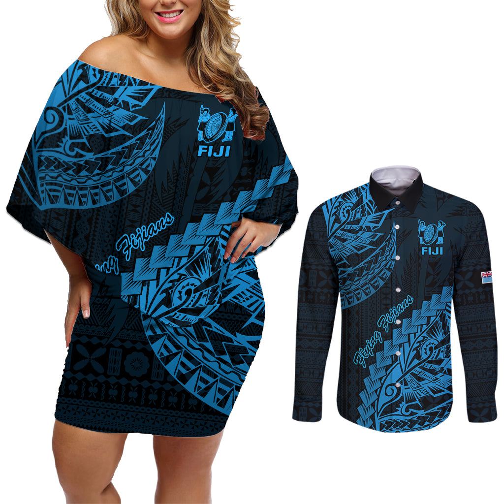 Fiji Rugby Couples Matching Off Shoulder Short Dress and Long Sleeve Button Shirt Kaiviti Fijian Tribal World Cup Blue No2 LT9 - Wonder Print Shop