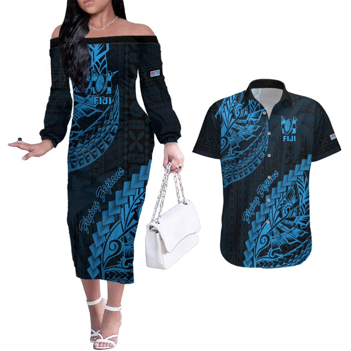 Fiji Rugby Couples Matching Off The Shoulder Long Sleeve Dress and Hawaiian Shirt Kaiviti Fijian Tribal World Cup Blue No2 LT9 - Wonder Print Shop