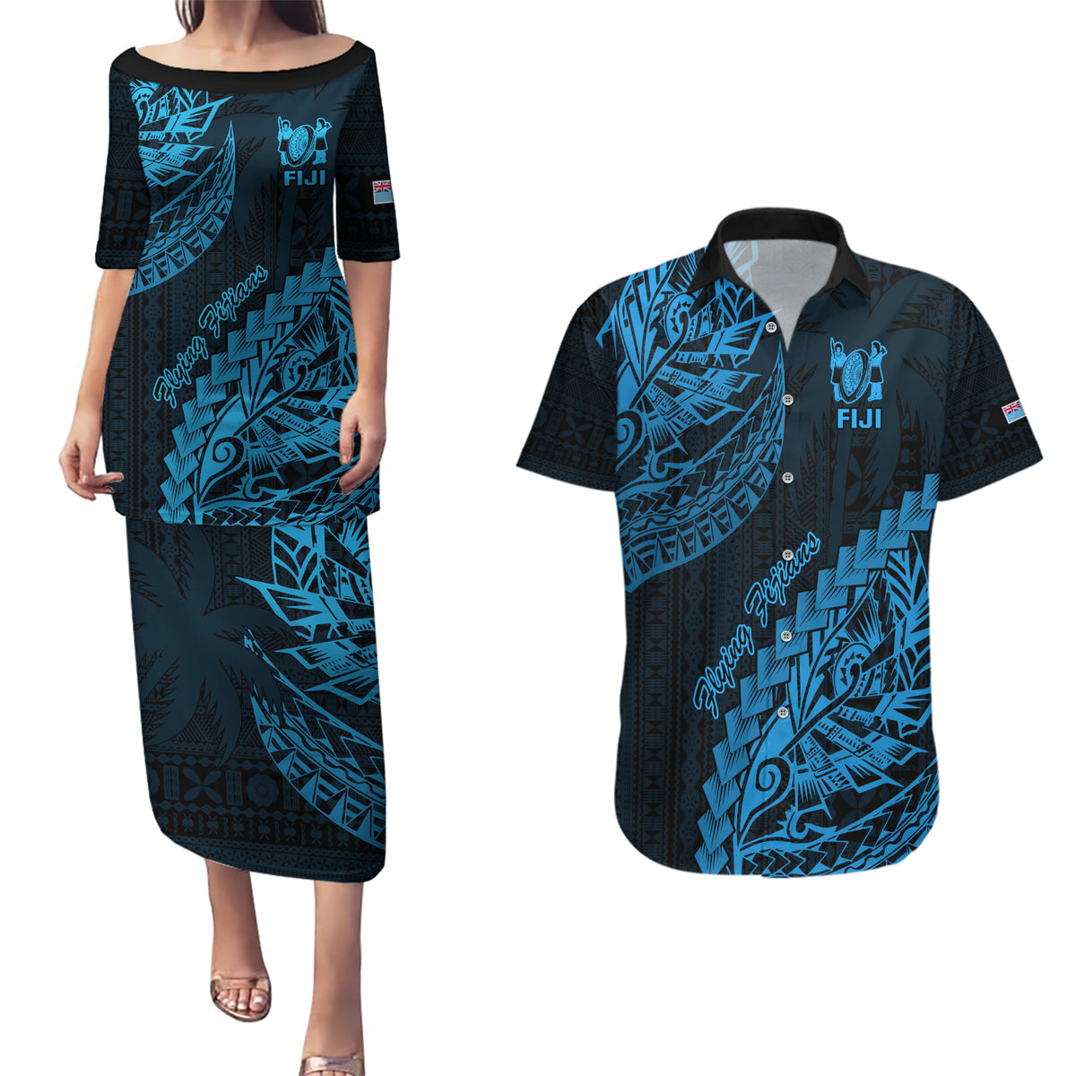 Fiji Rugby Couples Matching Puletasi Dress and Hawaiian Shirt Kaiviti Fijian Tribal World Cup Blue No2 LT9 - Wonder Print Shop