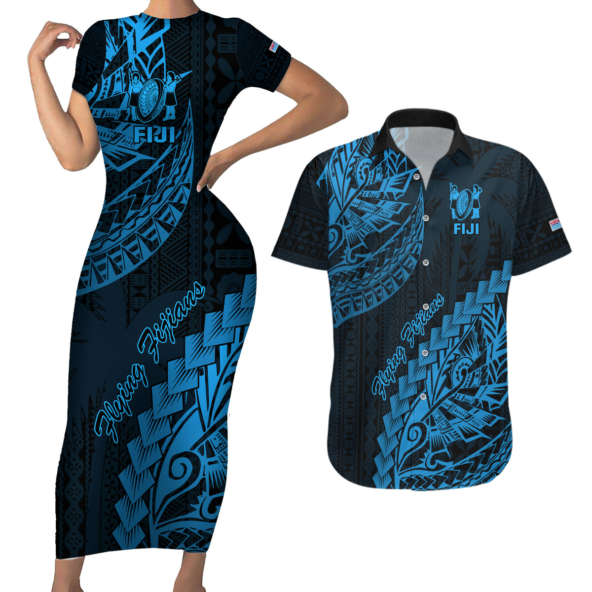 Fiji Rugby Couples Matching Short Sleeve Bodycon Dress and Hawaiian Shirt Kaiviti Fijian Tribal World Cup Blue No2 LT9 - Wonder Print Shop