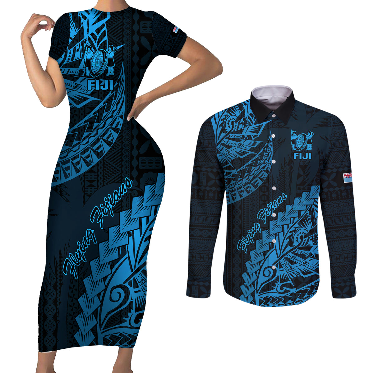 Fiji Rugby Couples Matching Short Sleeve Bodycon Dress and Long Sleeve Button Shirt Kaiviti Fijian Tribal World Cup Blue No2 LT9 - Wonder Print Shop