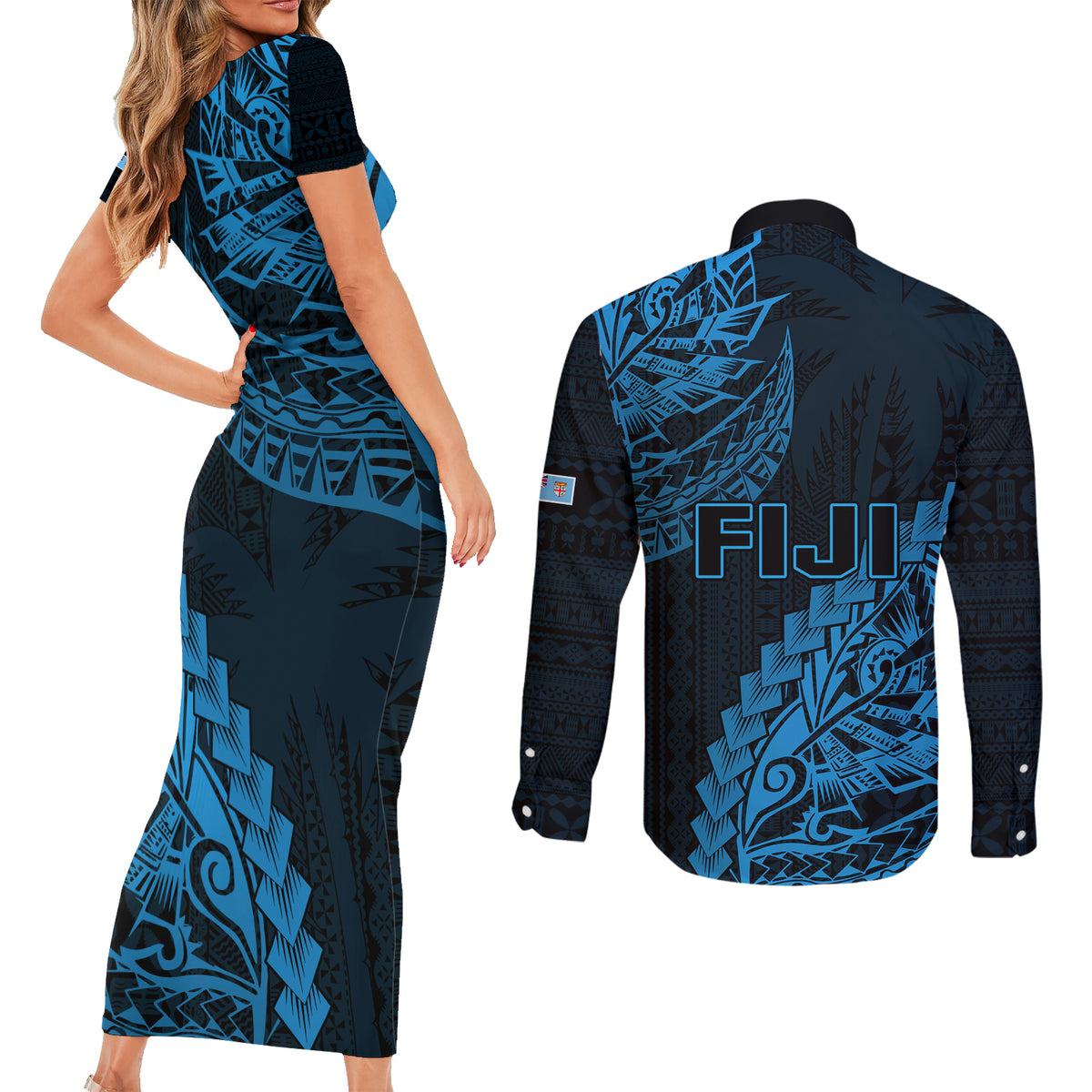 Fiji Rugby Couples Matching Short Sleeve Bodycon Dress and Long Sleeve Button Shirt Kaiviti Fijian Tribal World Cup Blue No2 LT9 - Wonder Print Shop