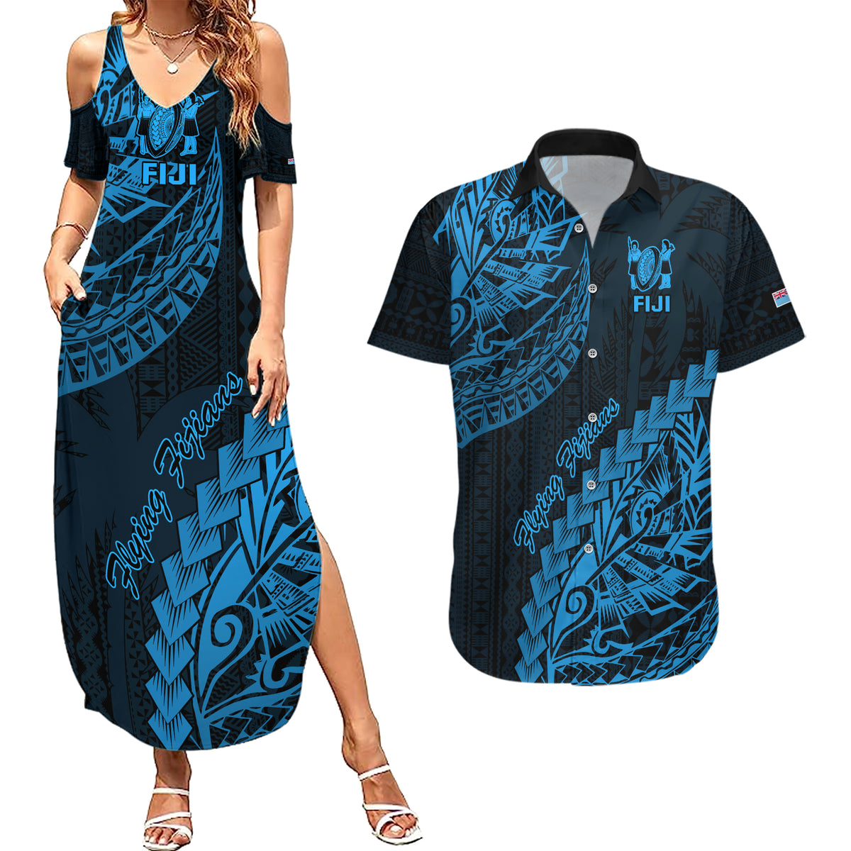 Fiji Rugby Couples Matching Summer Maxi Dress and Hawaiian Shirt Kaiviti Fijian Tribal World Cup Blue No2 LT9 - Wonder Print Shop