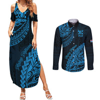Fiji Rugby Couples Matching Summer Maxi Dress and Long Sleeve Button Shirt Kaiviti Fijian Tribal World Cup Blue No2 LT9 - Wonder Print Shop